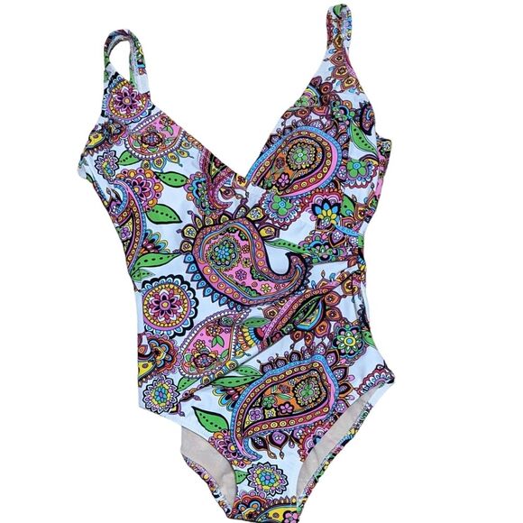 NWT Gottex multi-color paisley tropical one piece ruched swim suit 12 US - Picture 1 of 10